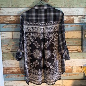 XHILARATION Plaid/Mixed Sheer Button-Up Top Sz S